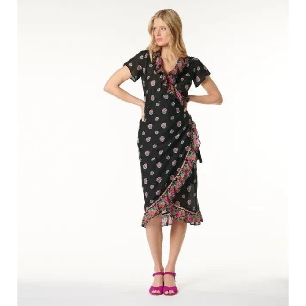 Soleiado Paris NWT Womens Black Paoline Pompadour Wrap S/S Dress EU 44 L US14